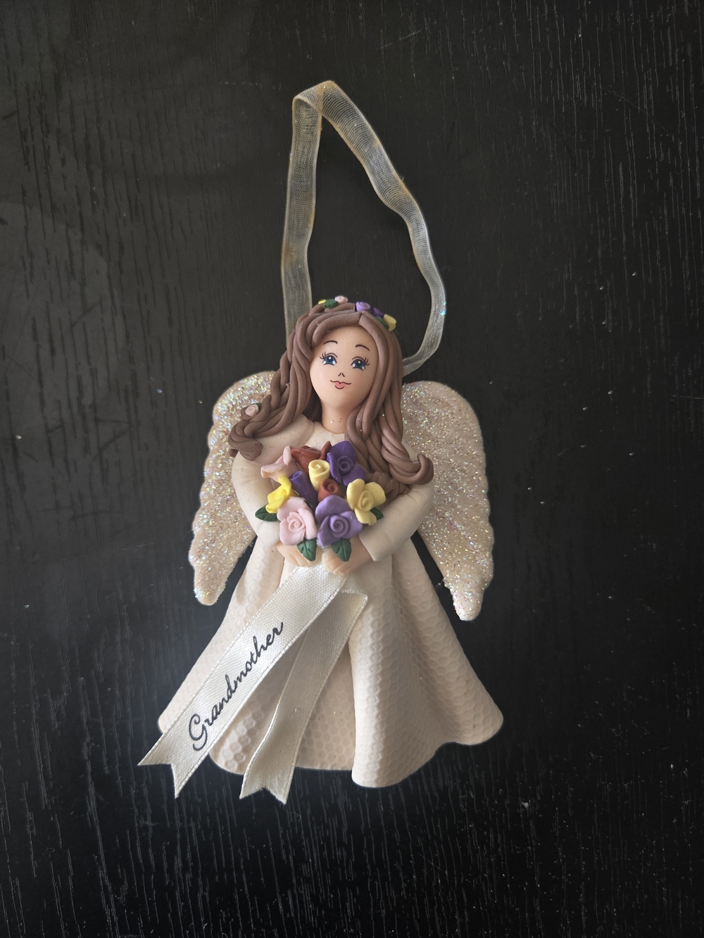 Grandmother Angel Ornament - Cream with Multicolor Flowers
